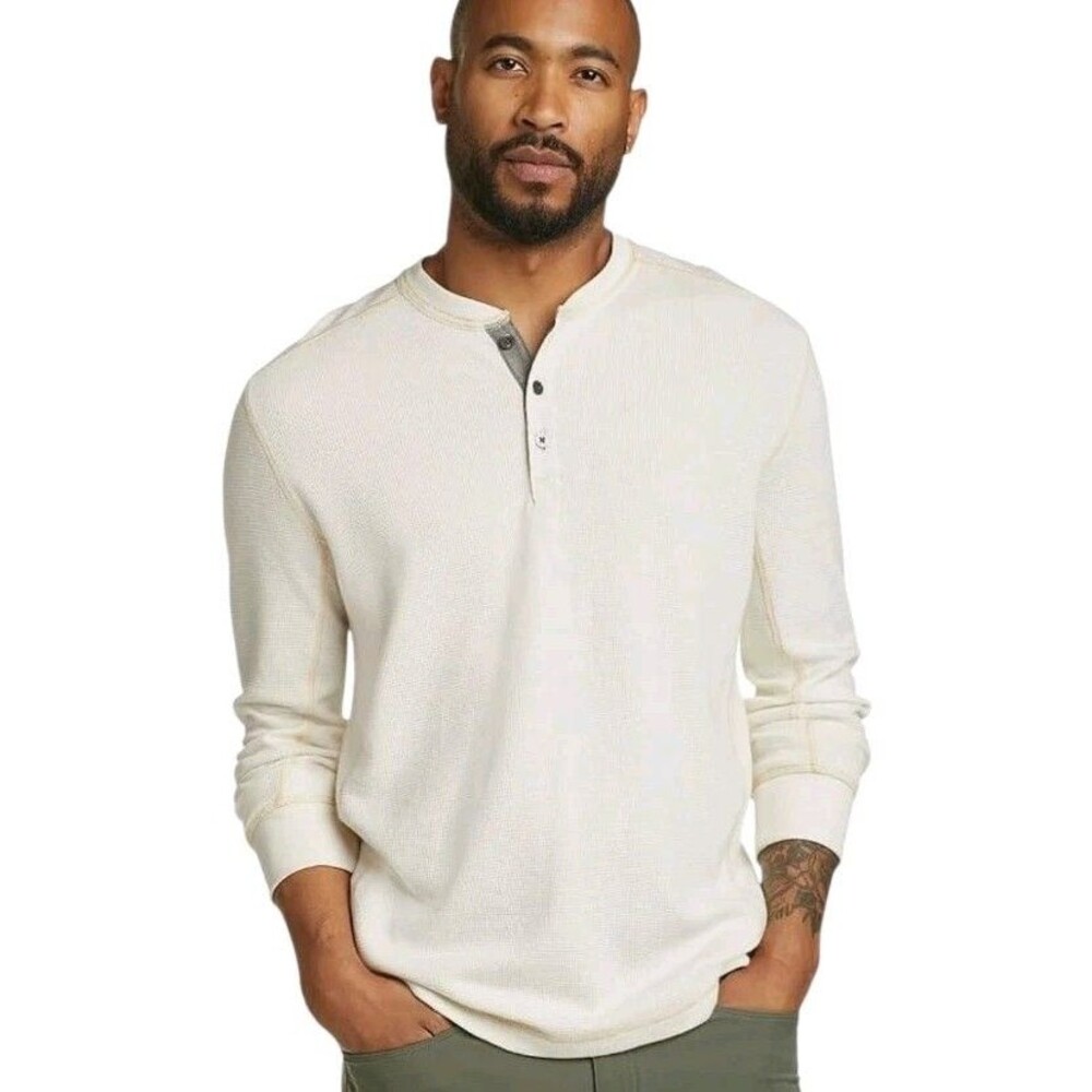 Eddie Bauer 3 Button Long Sleeve Henley Pullover Mens L Off White Gorpcore